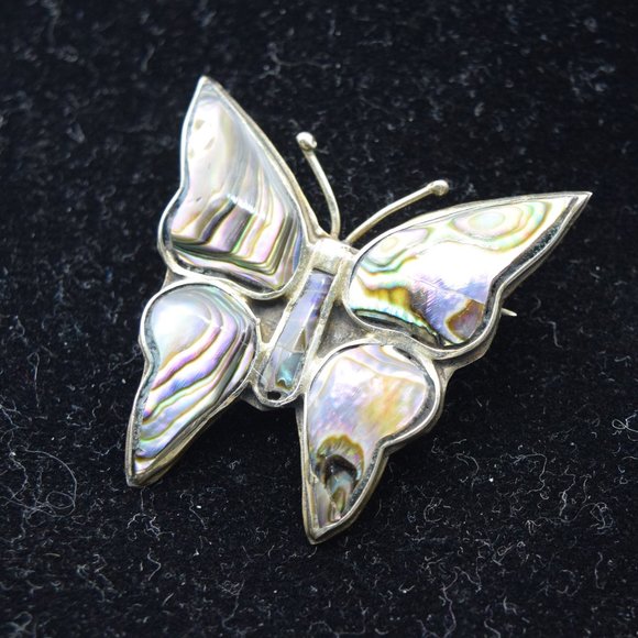 Vintage Alpaca Mexico Silver Tone and Abalone Butterfly Brooch - Picture 2 of 9